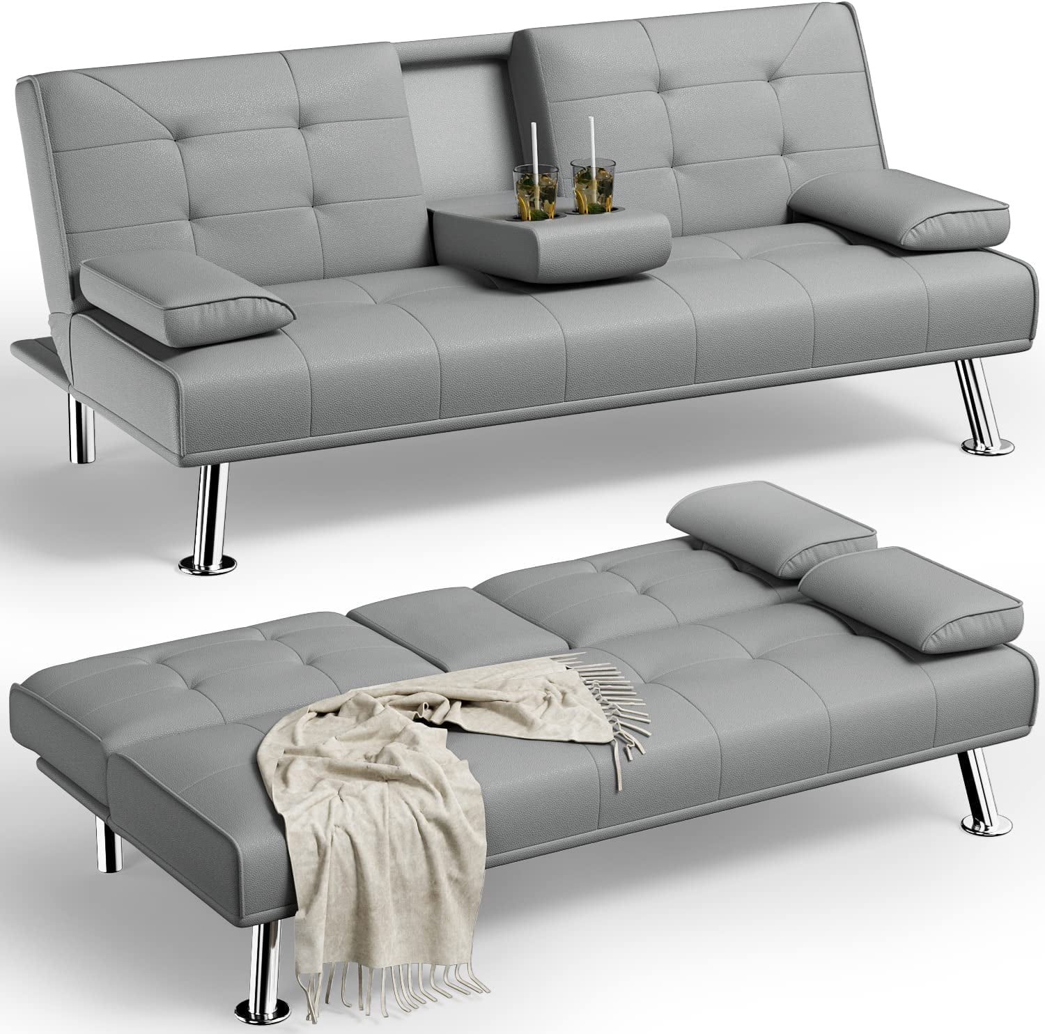 YESHOMY Futon Sofa Bed Modern Faux Leather Convertible Folding Lounge
