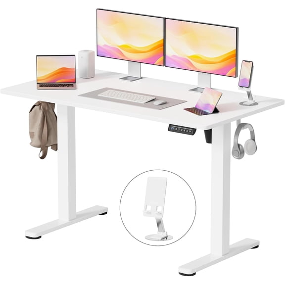 YESHOMY Height Adjustable Electric Standing Desk, 46 x 24 Inches Memory Home Office Sit Stand up Desk with Phone Holder and USB Charging Port, White