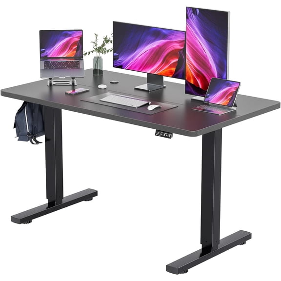 YESHOMY Height Adjustable Electric Standing Desk, 55 inch Computer Table, Home Office Workstation, Black Leg/Black Top