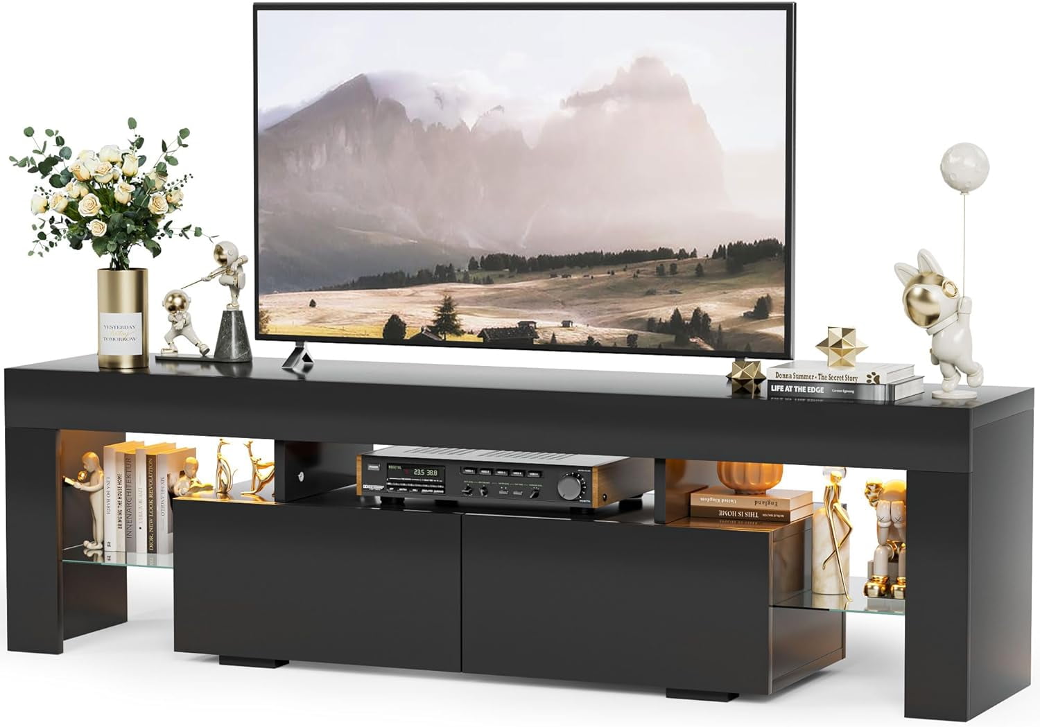 Black Modern 60 Inch LED TV Stand with Glass Shelves and Drawers