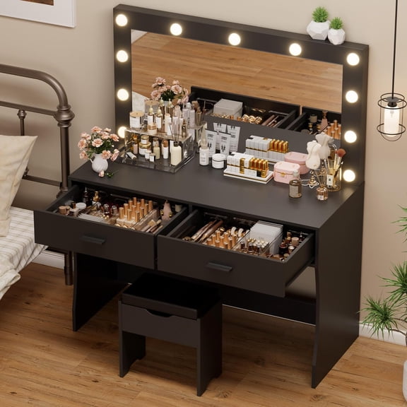 YESHOMY Vanity Desk with Mirror, Power Outlet and 11 Lights, Makeup Table with 2 Drawers, 3 Color Modes Available for Bedroom, Black