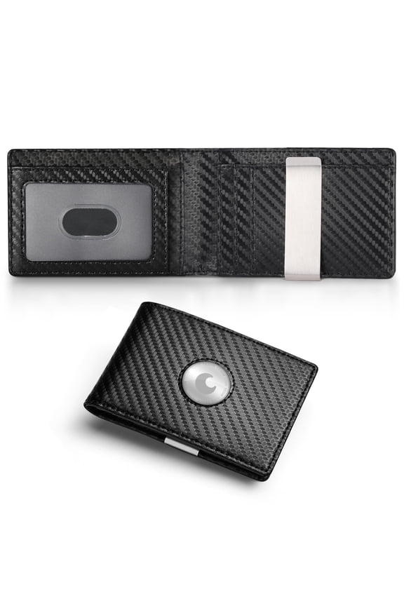 AirTag Wallet for Men with Money Clip Mens Wallet Air Tag Wallets RFID Blocking Card Holder Bifold Leather Gifts for Him Men Dad Husband Carbon Fiber Black Y101