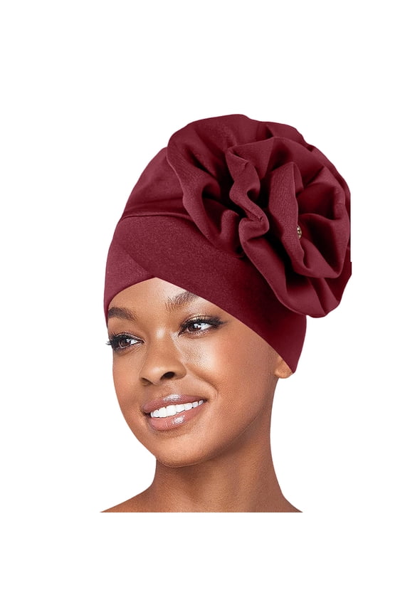 African Turban Head Wraps for Black Women Large Elastic Solid Flower Flat Hat Fashion Monochrome Stacked Turban Hats,One Size