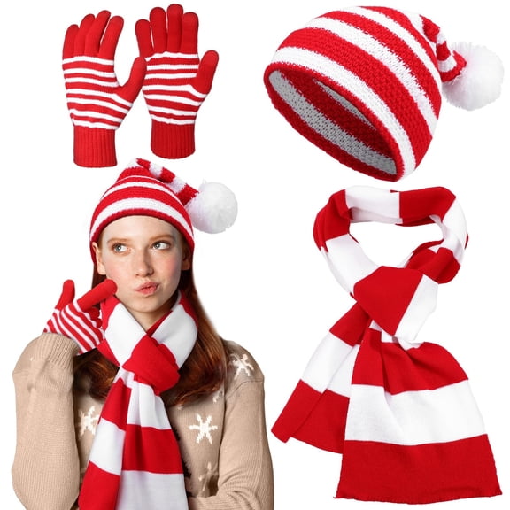 YESIMOLA Christmas Hat and Scarf Set Winter Warm Red White Patchwork Scarf Set Unisex Knitted Hat Christmas Caps Handmade Scarf for Adults Winter Warm Set,Red One Size