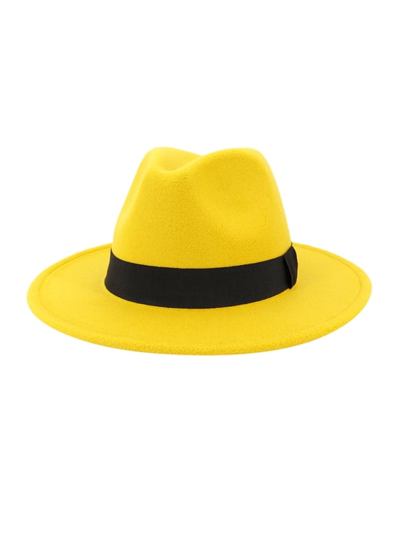 Dress Hats for Men Fedora Hat Vintage Wide Brim Hat with Belt Buckle Adjustable Hats Classic Trilby Hat Summer Sun Hat Panama Hat,Yellow One Size