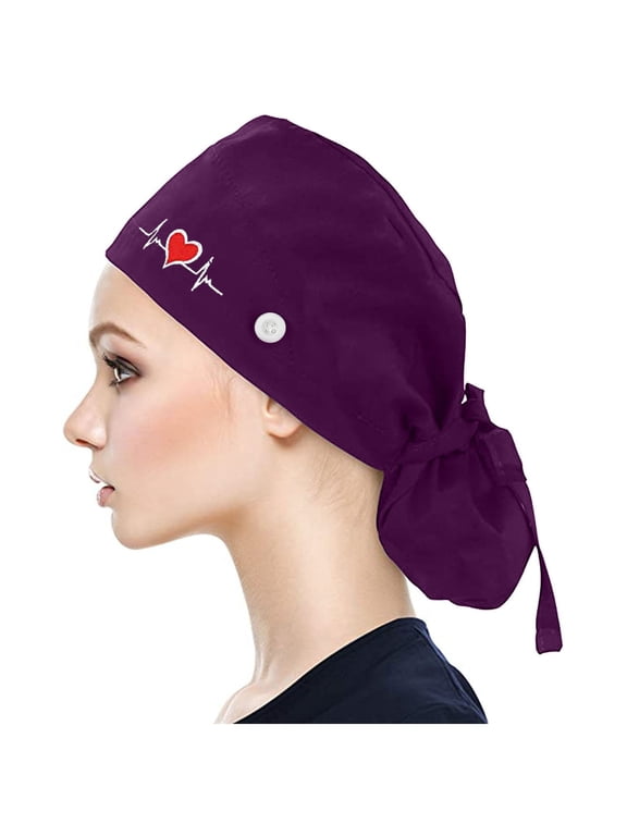 Scrub Caps Women Men Dentist Nursing Hats Bouffant Nurse Hats Ponytail Turban Hats with Buttons Working Hat with Adjustable Tie Sweatband,Purple One Size