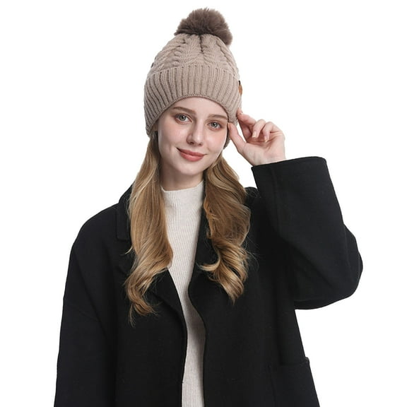 YESIMOLA Winter Pom Hat Women's Knitted Warm Beanie Winter Hat Thick Cable Knit Faux Fuzzy Fur Pom Fleece Lined Skull Cap Cuff Beanie Warm Chunky Snow Hat with Pompom