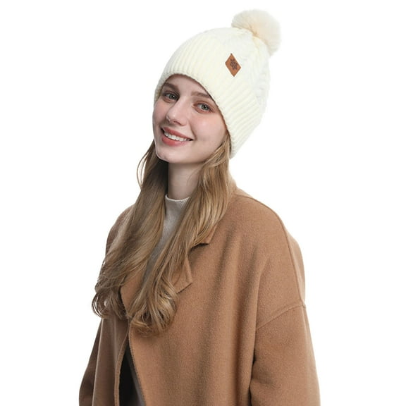 YESIMOLA Winter Pom Hat Women's Knitted Warm Beanie Winter Hat Thick Cable Knit Faux Fuzzy Fur Pom Fleece Lined Skull Cap Cuff Beanie Warm Chunky Snow Hat with Pompom