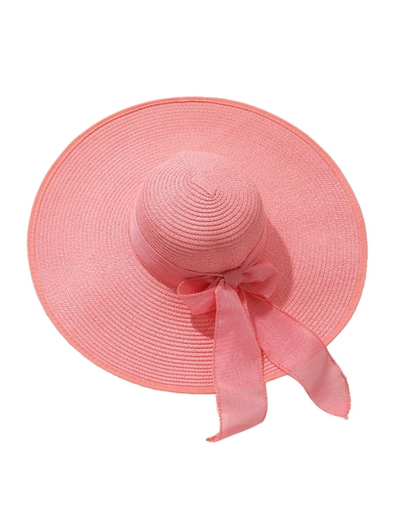 Womens Sun Hat with Bow Beach Straw Breathable Hat Wide Brim Sun Proof Hat for Fishing, Climbing, Camping, Travel,Pink One Size