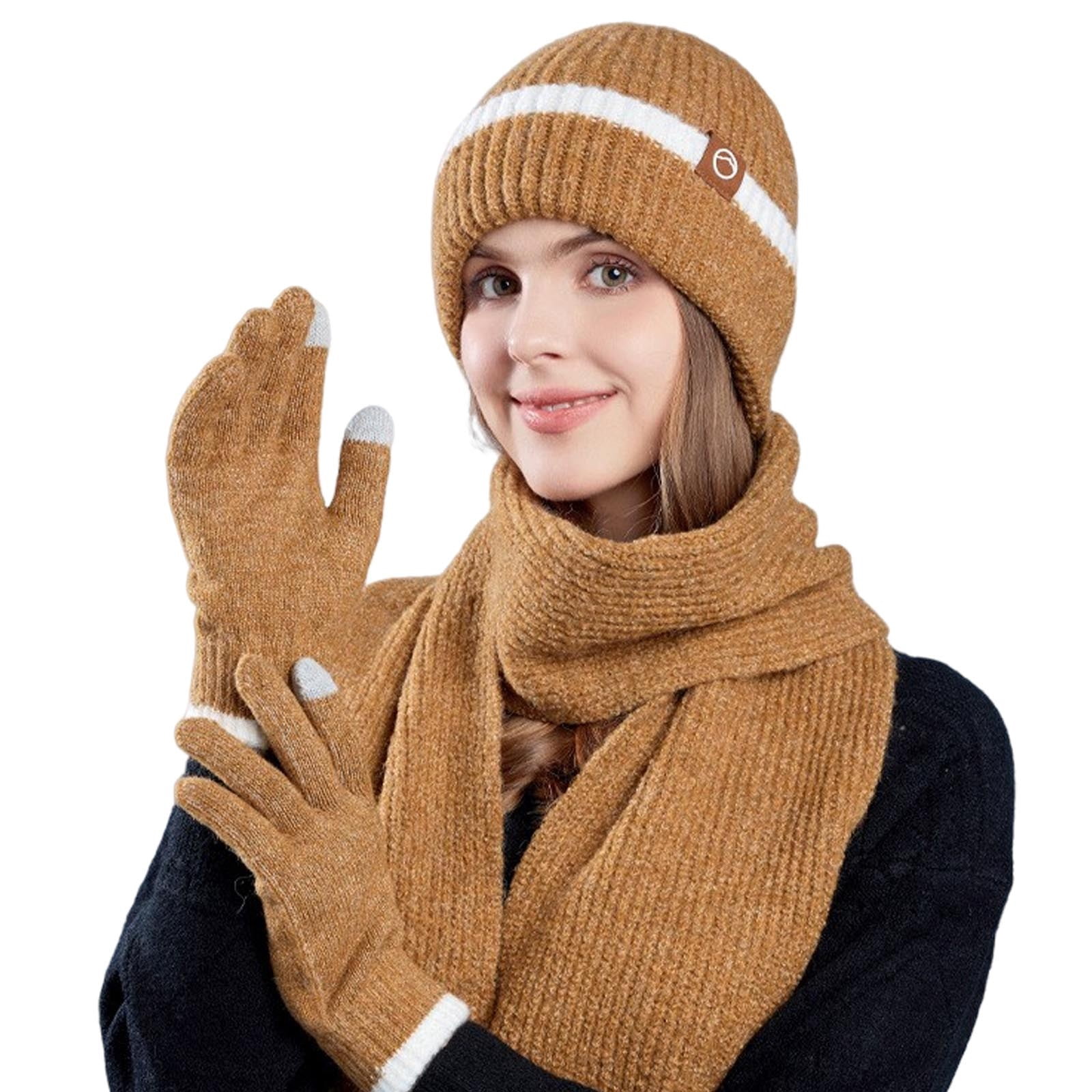 5 Pieces Women Winter Warm Set Knit Beanie Hat Scarf Touchscreen Gloves Satin Lined Pom Pom Beanie Touchscreen Gloves Women Black  main image 2