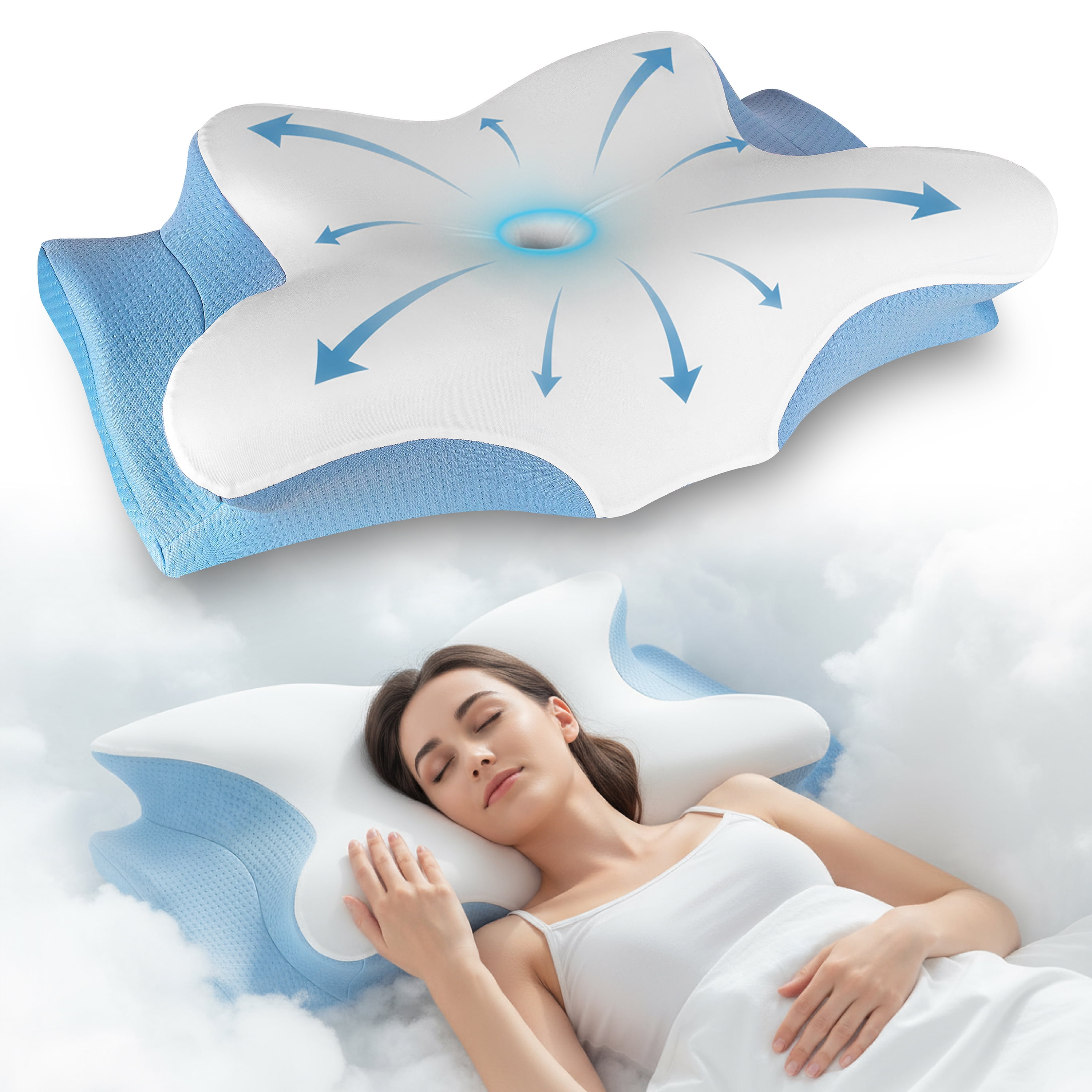 YESINDEED Pain Relief Cooling Pillow - Cervical Neck Support for Sleeping (Blue & White)