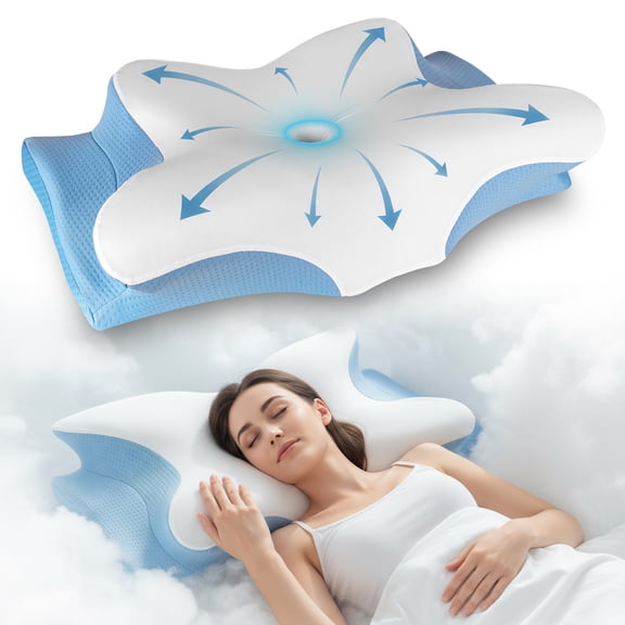 YESINDEED Pain Relief Cooling Pillow - Cervical Neck Support for Sleeping (Blue & White)