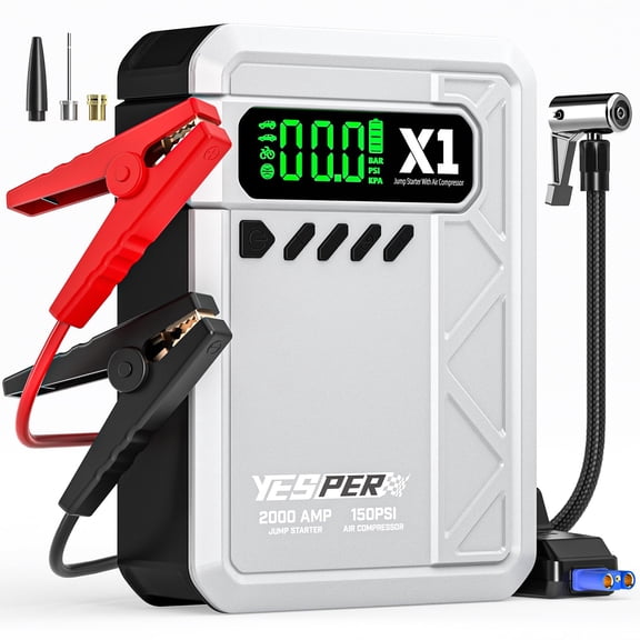 YESPER Jump Starter with Air Compressor 2000A 150PSI Battery Jumper Starter Portable(8L Gas/6L Diesel), 12V Car Jump Pack Battery Charger Jump Box with Jumper Cables, LCD Display, Lights(Grey)