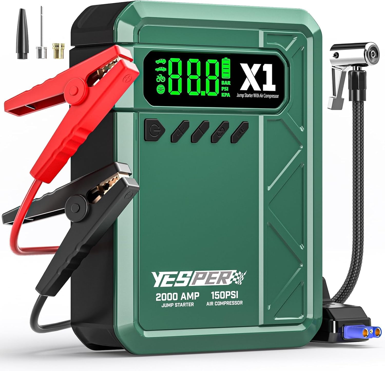 YESPER Jump Starter with Air Compressor, 2000A Portable Car Battery Booster (8L Gas/6L Diesel) with 150PSI Cordless Digital Tire Inflator, 12V Lithium Jump Box with Jumper Cables