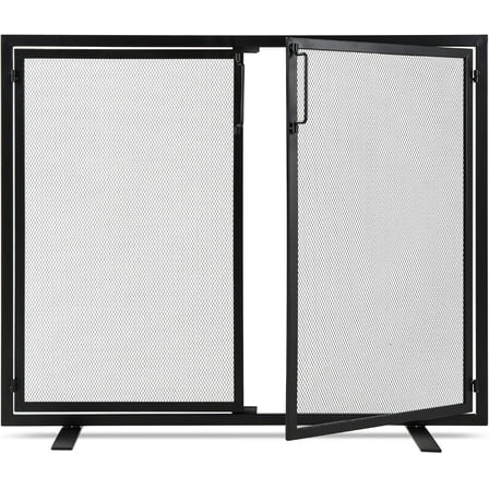 YESSW 38.5x31in 2-Door Fireplace Screen, Handcrafted Wrought Iron Decorative Mesh Geometric Fire Spark Guard w/Magnetic Panels - Black