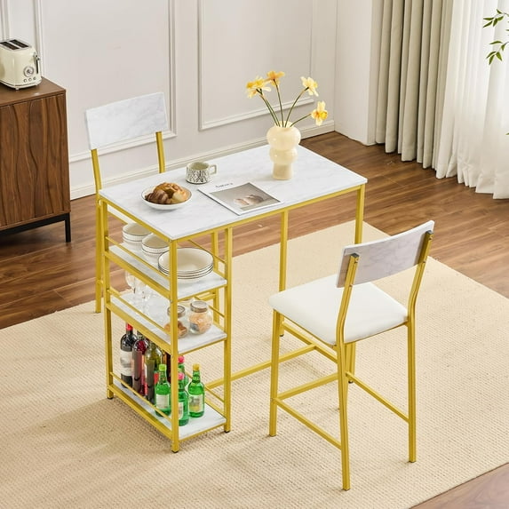 YESSW Dining Table Set for 2, Kitchen Breakfast Counter Height Small 3 Piece Bar Table and Chairs Set with Storage,White Imitation Marble
