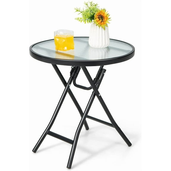 YESSW Outdoor Side Table, Folding Small Patio Table with Tempered Glass Tabletop, Steel Frame, Round Outdoor End Table with Anti-Slip Footpads for Balcony Garden Backyard Deck Poolside