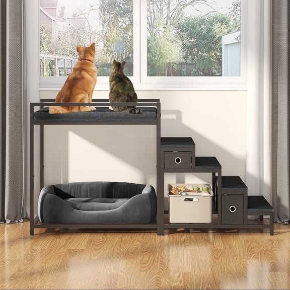 YESSW Pet Bunk Bed with Stairs & Storage Drawers, Dog Window Seat with Cushion, Cat Window Perch, Non-Slip Metal Frame, 60 lbs Capacity for Small Pets Indoor Use-Black