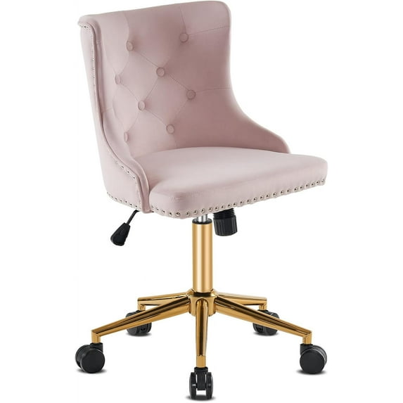 YESSW Velvet Armless Office Desk Chair with Gold Base/Wheels, Small Cute Vanity/Makeup Chair with Back for Bedroom, Upholstered Adjustable Rolling Swivel Nail Chair,Light Pink