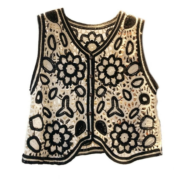 YESTUNE Boho Women Crochet Knit Vest Waistcoat Floral Pattern Sleeveless V-Neck Cardigan
