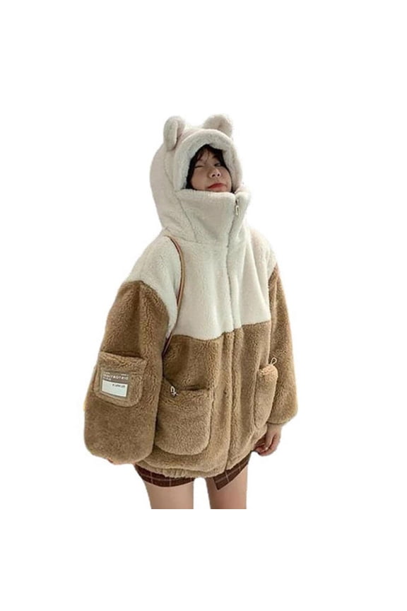 Women Cute Bear Ears Hoodies Jacket Winter Warm Faux Fleece Long Sleeve Sweatshirt Colorblock Zip Up Oversized Coat