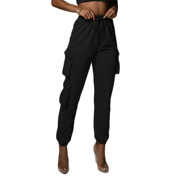 YESTUNE Women High Waist Jogger Cargo Pants Drawstring Solid Loose Pockets Sweatpants