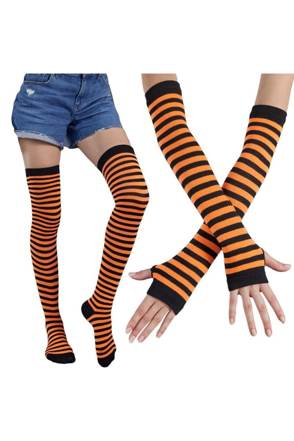 Women Multicolored Striped Thigh High Socks Arm Warmers Set Winter Knitted Over Knee Stockings Fingerless Gloves for Christmas Halloween Party Costume