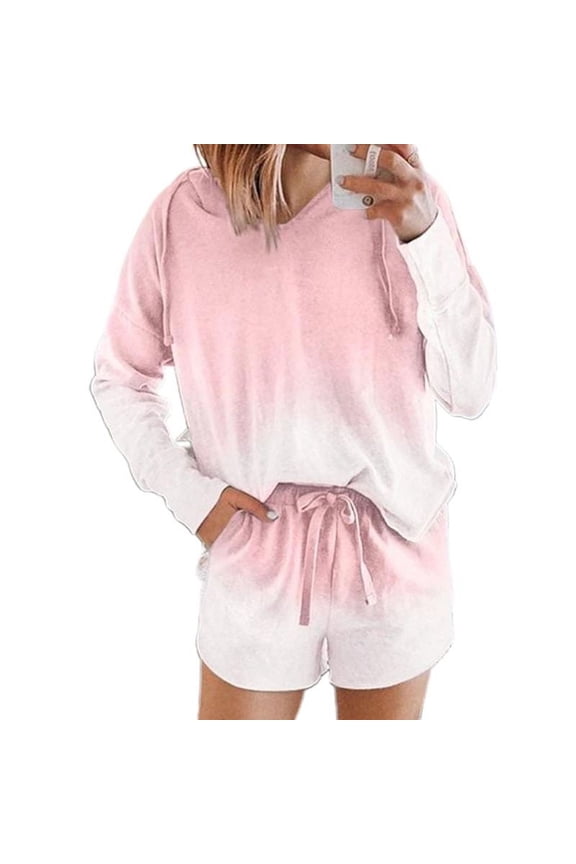 Women Pajamas Set Long Sleeve Hooded Tops Drawstring Shorts Gradient Loungewear