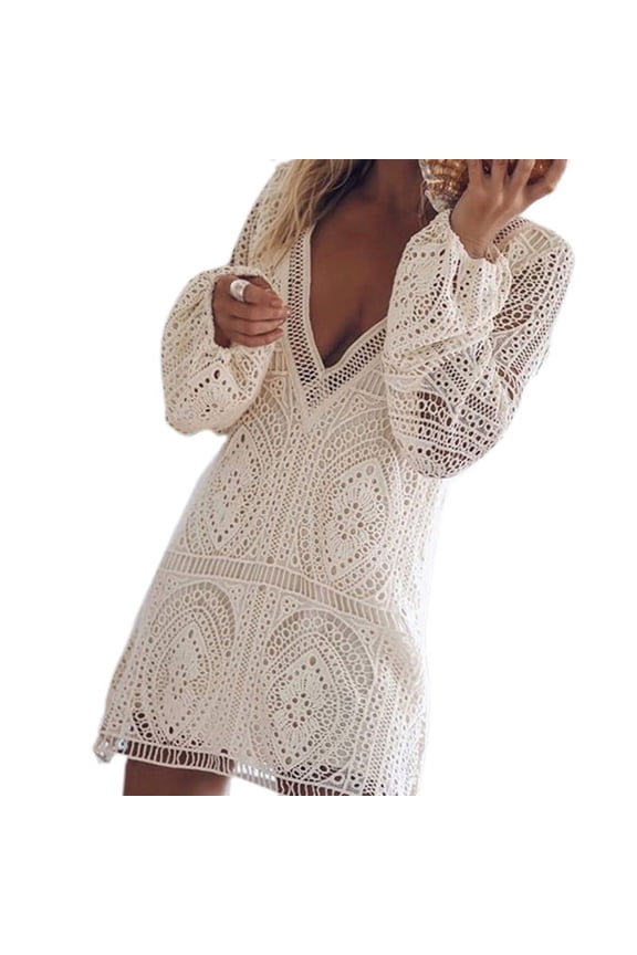 Women Summer Puff Long Sleeve Beach Mini Dress Sexy Deep V-Neck Backless Hollow Out Crochet Knit Double Layer Swimwear