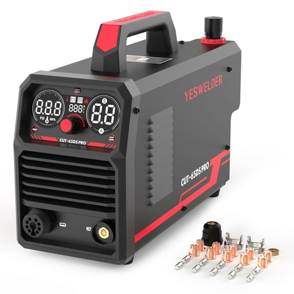 YESWELDER CUT-65DS PRO 65A Non-HF Plasma Cutter With 24pc Tip Electrode of IPT40, 110/220V Dual Voltage with Digital Display