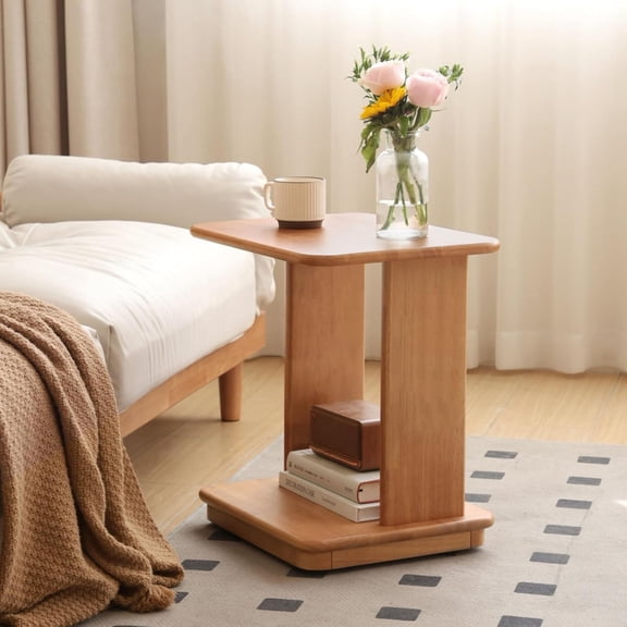 YESWOOD C Shaped End Table, Solid Wood Side Table, Small Rolling Side Table with 4 Lockable Wheels, 2-Tier Wood Bedside Table, End Tables Living Room, Bed Side Tables Bedroom, Home Office(19.69" H)
