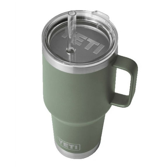 YETI Rambler 35 oz Tumbler with Handle and Straw Lid, Travel Mug Water Tumbler, Vacuum Insulated Cup with Handle, Stainless Steel, Camp Green