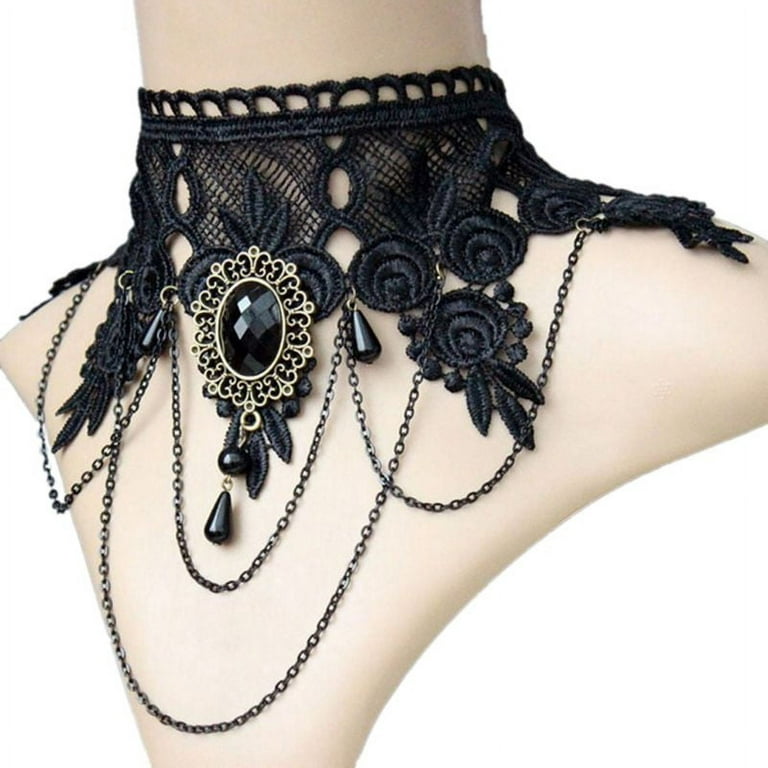 YEUHTLL Halloween Sexy Gothic Chokers Crystal Black Lace Neck