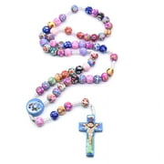 YEUHTLL Rosary Necklace Catholic Rose Polymer Clay Beads Religion Long Chain Children Jewelry Charm Gifts