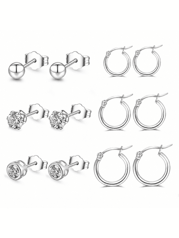 6 Pairs Small Huggie Hoop Earrings for Women,Silver Plated Hypoallergenic,Stud Earring Sets Gifts