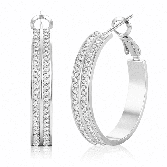 YEUOYEA Silver Plated Cubic Zirconia Hoop Earrings for Women, Double Row CZ Wide Hoops, 30mm