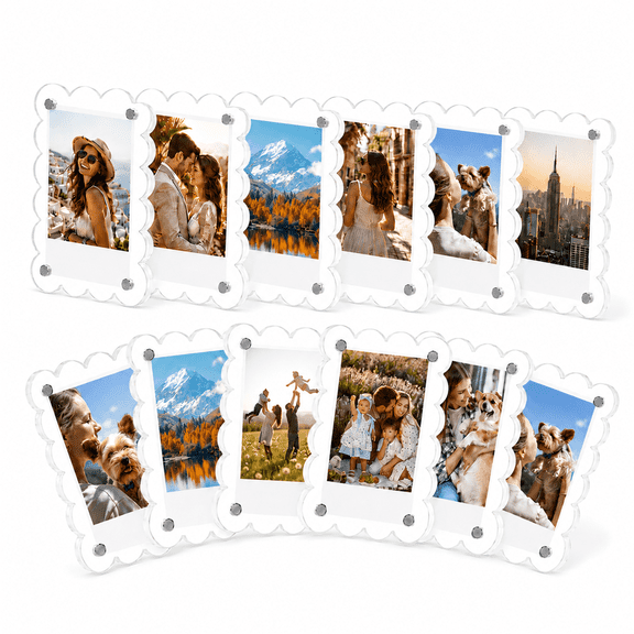 YEVAN 12 Pack Scalloped Acrylic Magnetic Fridge Photo Frames, 2.56 x 3.74 Inch Clear Mini Display Frame, For Photos Notes Cards, Kitchen Office Locker Metal Board Decor