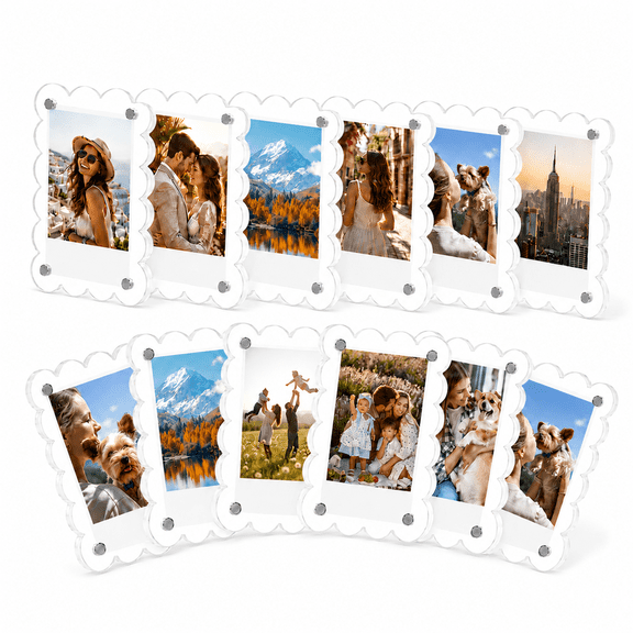 YEVAN 12 Pack Scalloped Acrylic Magnetic Fridge Photo Frames, 2.56 x 3.74 Inch Clear Mini Display Frame, For Photos Notes Cards, Kitchen Office Locker Metal Board Decor
