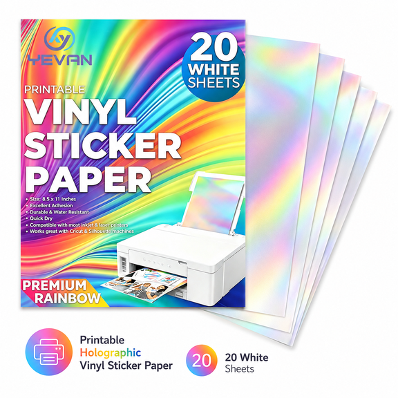 YEVAN  20 Sheets Vinyl Sticker Paper Rainbow,for Inkjet Printer/Laser Printer, 8.5"x11" Printable  - Waterproof, Dries Quickly Vivid Colors