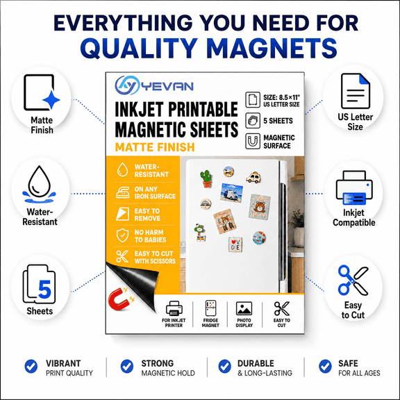 YEVAN 5 Sheets Matte Printable Magnetic Photo Paper, 8.5 x 11 Inch Inkjet Magnet Sheets for Fridge Photos, Crafts and Labels