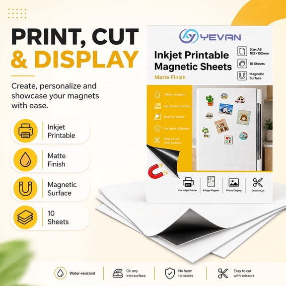 YEVAN Printable Magnetic Photo Paper A6, 10 Sheets Matte Inkjet Magnet Sheets, Flexible Magnetic Paper for Fridge Photos, DIY Crafts and Labels
