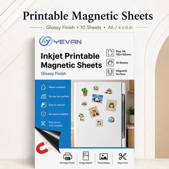 YEVAN Printable Magnetic Photo Paper A6, 10 Sheets Glossy Inkjet Magnet Sheets, Flexible Magnetic Paper for Fridge Photos, DIY Crafts and Labels