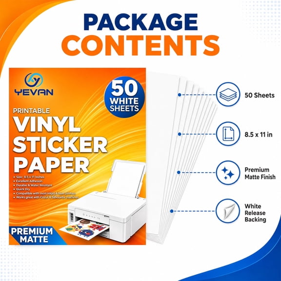 YEVAN Printable Vinyl Sticker Paper Inkjet Printer Adhesive Paper, 8.5 x 11 in, White matte, 50 Sheets