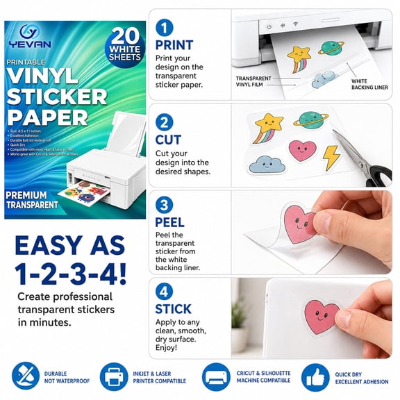 YEVAN Printable Vinyl Sticker Transparent Paper Inkjet Printer Adhesive Paper, 8.5 x 11 in, , 20 Sheets,Durable but not waterproof