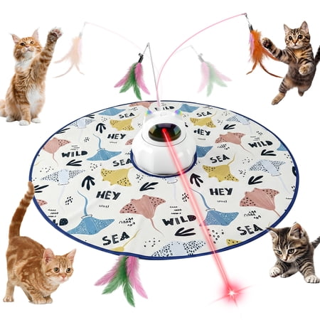 YEVYO All-in-One Automatic Cat Laser Toy - Laser, Spinning Feather Wand, Hide-and-Seek Teaser & Handheld Play - Motion Sensor Activated, USB Rechargeable, Whisper-Quiet, for Bored Indoor Adult Cats