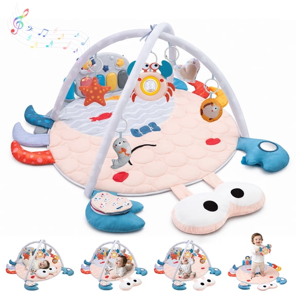 YEVYO Baby Play Mat & Musical Activity Gym, Kick Piano with 200 Songs & Sensory Toys, Washable Baby Floor Mat for Tummy Time & Crawling  Crab Design
