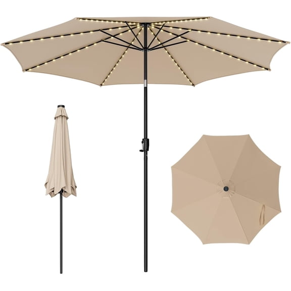 YEXJ 10 FT Solar Patio Umbrella with 112 LED Light, Outdoor Umbrella with Tilt Adjustment, Crank System, 8 Metal Ribs & Vented Top, Deck Table Market Umbrella for Garden Pool Deck Yard-Beige