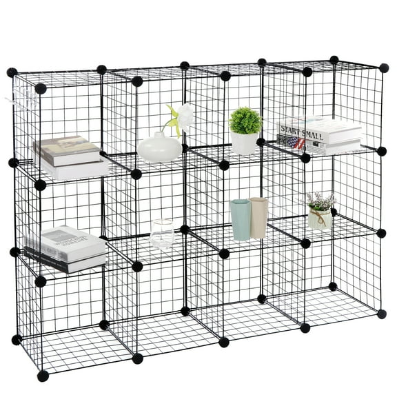 YEXJ 12 Cube Wire Cube Shelving Rack Organizer Bookshelf Shelving Storage Metal Black