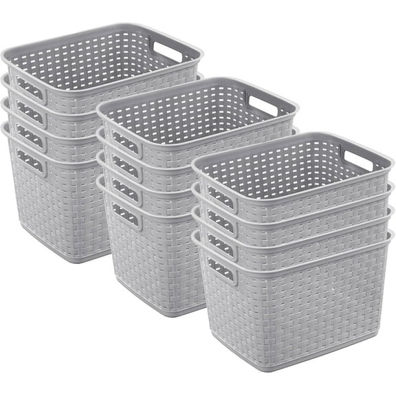 YEXJ 12-Pack Tall Weave Basket, Wicker-Style Plastic Open Storage Bin, Cement Gray - Multi-Purpose Decorative Organizer for Laundry Area, Shelves, Closets, Pantries, Living Rooms or Offices