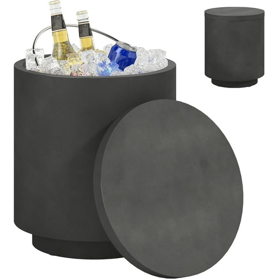 YEXJ 2.6 Gal Outdoor Cooler Side Table, 3-in-1 Cool Coffee Table with Storage, Removable Ice Bucket and Lid, Concrete Small Patio Table for Party, Poolside, Deck, Charcoal Gray